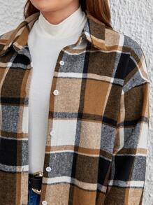 SHEIN Frenchy Plus Plaid Print Drop Shoulder Coat Winter Fall Autumn - Khaki - View 4