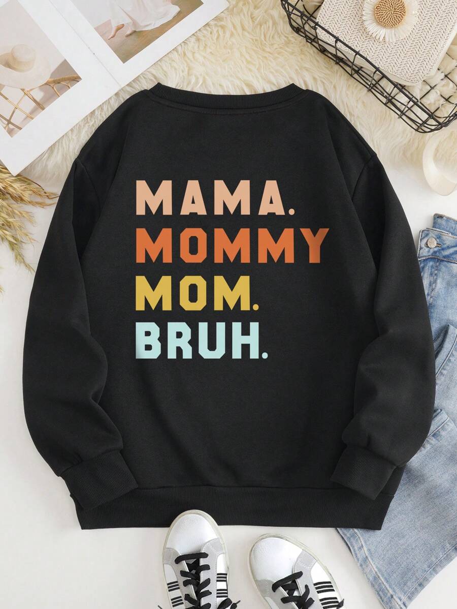 INAWLY Plus Size Women's Letter Print Round Neck Long Sleeve Casual Loose Pullover Sweatshirt - Black - View 1