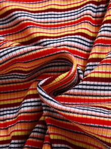 SHEIN Tween Girl Striped & Floral Embroidery Lettuce Trim Tee - Multicolor - View 5