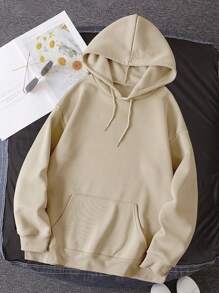 SHEIN EZwear Butterfly Print Thermal Lined Kangaroo Pocket Drawstring Hoodie - Khaki - View 2