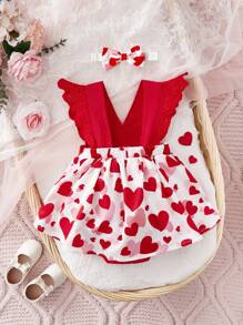 嬰兒愛心圖案荷葉邊拼接連體衣連衣裙和頭巾