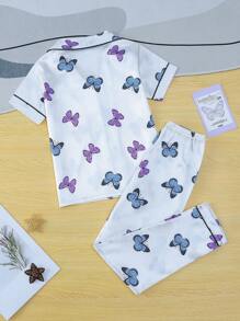 Girls Butterfly Print Contrast Piping Satin PJ Set - White - View 2