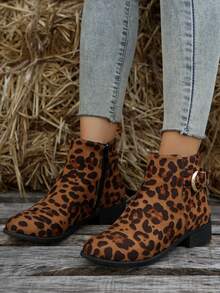 女式時尚豹紋印花靴 - 駝色 - 查看 6