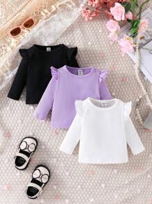 女嬰3入組荷葉邊條紋針織T恤 - 彩色 - 查看 1