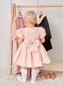 SHEIN Váy Bé Gái Dây kéo Nơ sau màu trơn - Màu Hồng  San hô - Xem 2