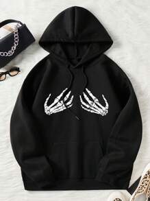 INAWLY 骷髅印花抽绳保暖连帽套头衫（秋季款） - 黑色 - 查看 1