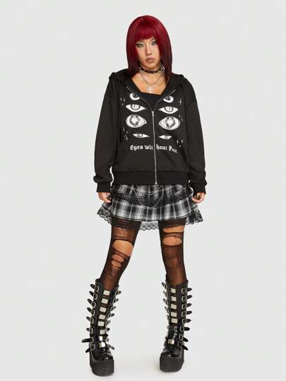 Mystic heart Hoodie mit Buchstaben Grafik, Reißverschluss, Tunnelzug,