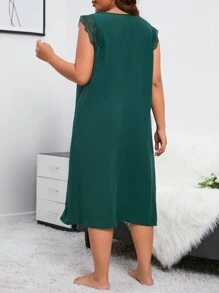 Camisón de noche con cuello cuadrado de encaje de contraste en talla grande - Verde - Ver 2