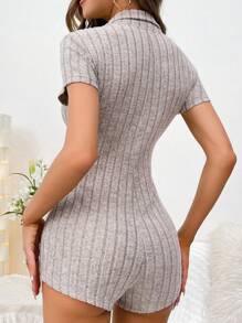Button Front Ribbed Knit Lounge Romper - Khaki - View 2