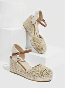 Styleloop Giày Wedges Court Quai mắt cá chân cho Nữ, Chi tiết Đan Giày đế nêm Espadrille - Màu be - Xem 5