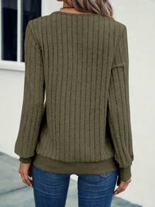 EMERY ROSE Solid V Neck Ribbed Knit Sweatshirt Graduation,Back To School,Graduation,Teacher For Women,Back To School Pullover Fall Sweatshirt - Army Green - View 2