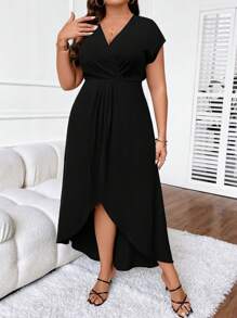 SHEIN Clasi Plus Solid Wrap Hem Dress - Black - View 5