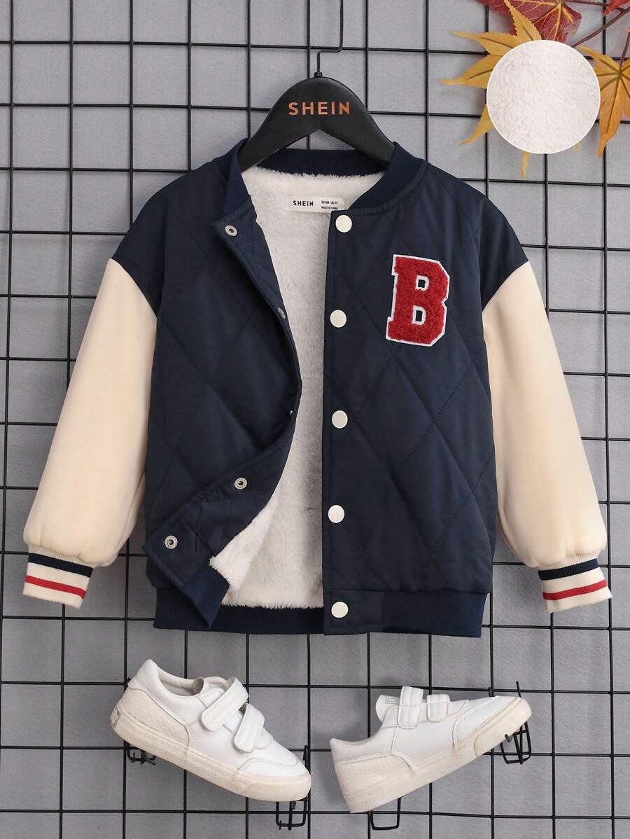 SHEIN Young Boy Letter Patched Striped Trim Drop Shoulder Thermal Varsity Jacket - Multicolor - View 1