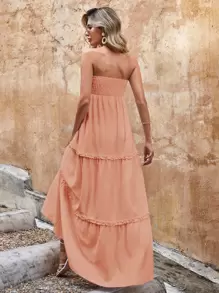 EURMUSE Solid Frill Trim Tube Dress - Coral Pink - View 2