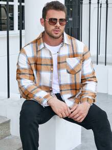 Manfinity Homme Men Plus Plaid Print Patched Pocket Overcoat - Multicolor - View 4