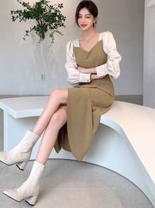 DAZY Colorblock Sweetheart Neck Wrap Hem Dress - Brown - View 6