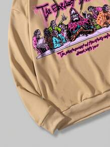 ROMWE MEN Street Life Các bạn Đồ họa chữ cái & bộ xương Dây rút Hoodie - Màu Khaki - Xem 6