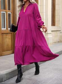 SHEIN Privé 素色荷葉邊娃娃裙 - 紫色 - 查看 5