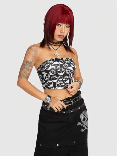 Grunge Punk Top bandeau estampado de cráneo