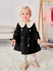 SHEIN 女嬰拼接領雙排釦洋裝 - 黑色 - 查看 6