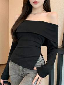 DAZY Top a maniche lunghe con spalle scoperte, orlo spaccato, tinta unita