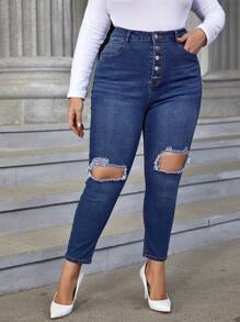 SHEIN Essnce 大碼紐扣門襟鏤空破洞緊身牛仔褲 - 深色水洗藍 - 查看 5