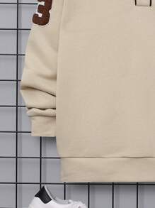 SHEIN Boys' Casual Patch Decor V-Neck Loose Half-Zip Knit Sweatshirt - Khaki - View 3