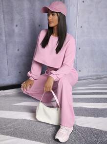 SHEIN PETITE Drop Shoulder Crop Pullover & Drawstring Waist Sweatpants - Baby Pink - View 4