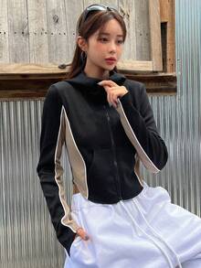DAZY Colorblock Zip Up Crop Hooded Jacket - Black - View 3