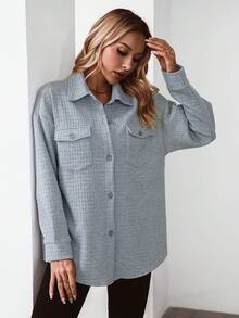 SHEIN Essnce Abrigo con bolsillo con solapa de hombros caídos - Gris - Ver 4