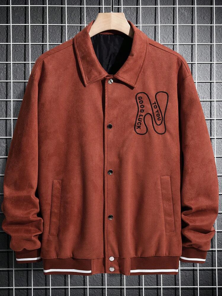 Loose Fit Men's Letter Graphic Striped Trim Faux Suede Jacket