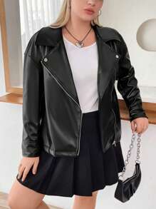 Flirla Talla grande Cazadora de moto con cremallera de recubierto - Negro - Ver 2