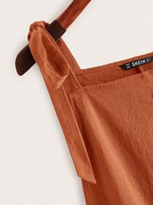 Muchica 肩部打結補丁口袋反摺褲腳背帶連體短褲 - 鏽棕色 - 查看 5