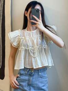 DAZY Chất rắn Lá sen tỉa Xù Hoa Sen Áo sơ mi - Màu be - Xem 5