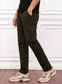 RueChic Men Flap Pocket Side Drawstring Waist Cargo Pants - Green - View 6