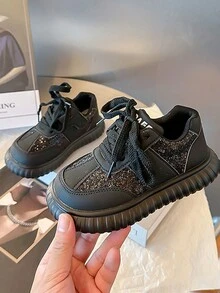 Children's Stylish Rhinestone Teenager Casual Flat Shoes With Thick Sole, Lightweight And Slip-proof - Black - View 7