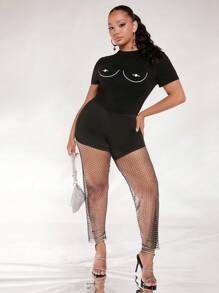 SHEIN SXY Plus Detalhe De Strass Malha Perneiras - Preto - Visão 1