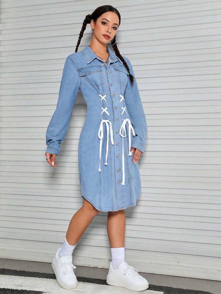 Lace Up Front Flap Pocket Curved Hem Denim Dress