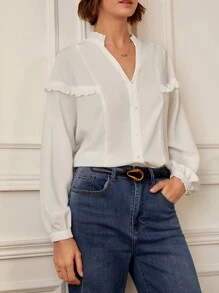 SHEIN Frenchy 褶邊燈籠袖襯衫 - 白色 - 查看 1