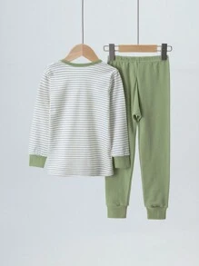 2 Stücke gestrickter Kleine Jungen Pyjama Set, Langarm Shirt & Hose mit Katzen Muster, Thermounterwäsche Anzug für Herbst/Winter
