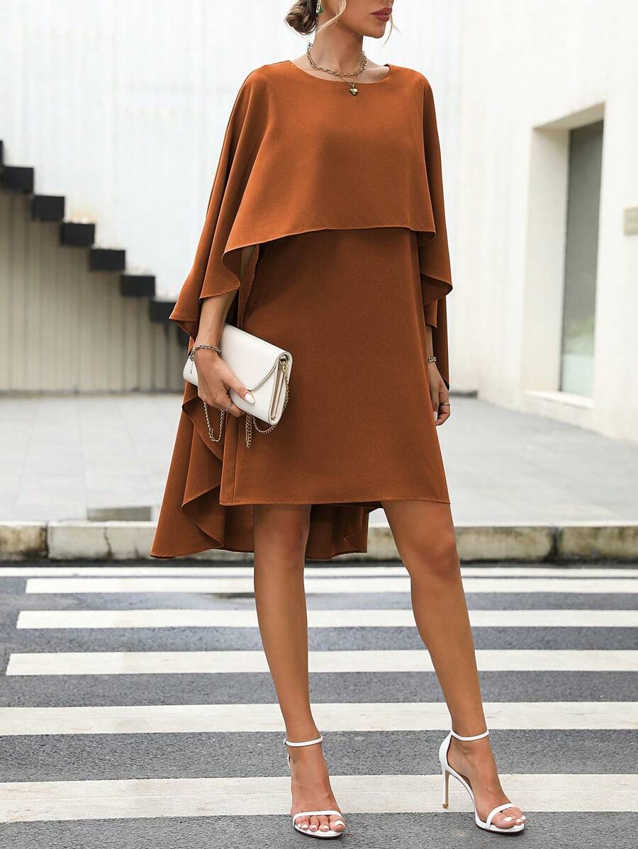 SHEIN Clasi Solid High Low Hem Dress - Brown - View 1