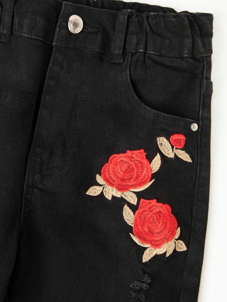 Boys Floral Embroidery Ripped Jeans