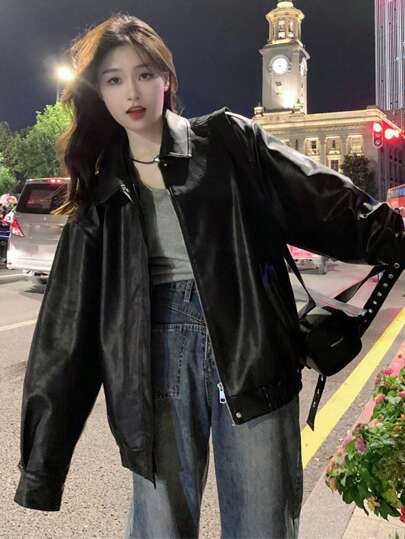 女式黑色仿皮夹克，韩版2025新款宽松翻领长袖机车夹克，秋季