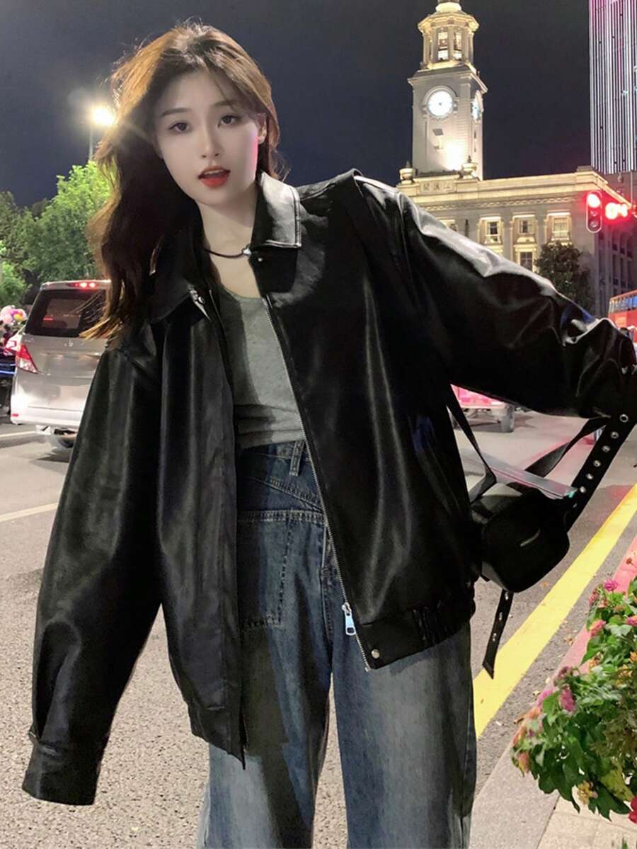 女式黑色仿皮夹克，韩版2025新款宽松翻领长袖机车夹克，秋季