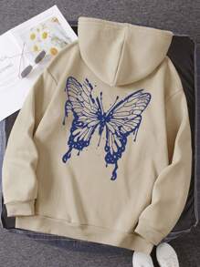 SHEIN EZwear Butterfly Print Thermal Lined Kangaroo Pocket Drawstring Hoodie - Khaki - View 1