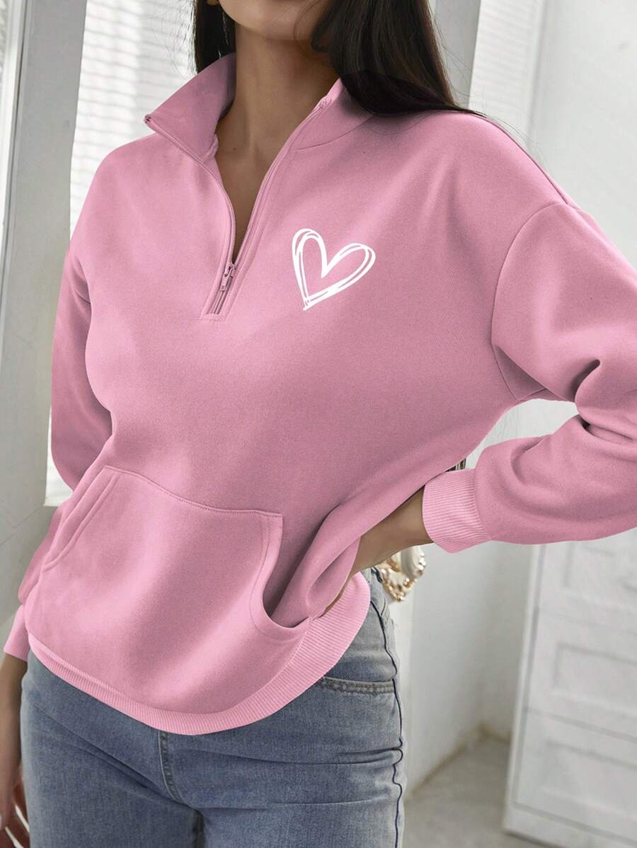 SHEIN LUNE 愛心圖案半拉鏈袋鼠口袋落肩袖運動衫 - 藕粉色 - 查看 1