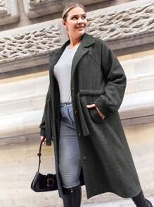 RueChic Plus Button Through Belted Overcoat - Dark Grey - View 4