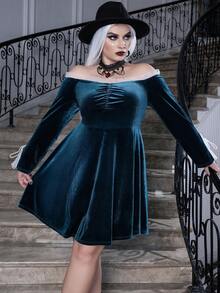 SHEIN Unity Plus Halloween Off Shoulder Knot Cuff Ruched Velvet Dress Without Belt - Dark Green - View 5