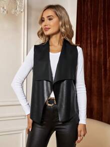SHEIN Clasi Waterfall Collar PU Leather Vest Coat - Black - View 1