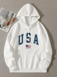 SHEIN EZwear 字母和美國旗圖案抽繩加絨內裏連帽衫 - 白色 - 查看 1